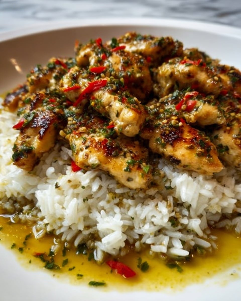 A white plate holds a bed of fluffy white rice with a slightly glossy texture, topped with a generous layer of golden-brown grilled chicken pieces that appear juicy and tender. The chicken is sprinkled with finely chopped herbs and small bits of red chili, adding green and red accents. The rice underneath has some light sauce pooling around it with a mix of yellow and green hues. The photo is taken on a white marbled surface, and the lighting highlights the steam rising from the hot dish. Photo taken with an iphone --ar 4:5 --v 7