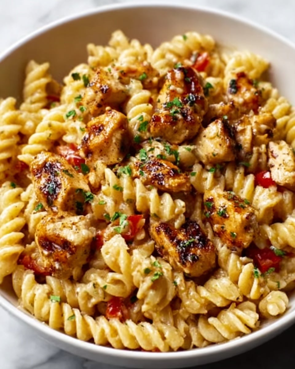 A white bowl holds a serving of rotini pasta mixed with pieces of grilled chicken. The chicken pieces are golden brown with visible grill marks, and they sit on top and among the pasta. The pasta is coated with a light sauce and has small bits of red tomato and green herbs scattered throughout. The texture of the chicken looks slightly crispy on the outside, while the pasta appears soft and slightly glossy. The whole dish is presented on a white marbled surface. photo taken with an iphone --ar 4:5 --v 7