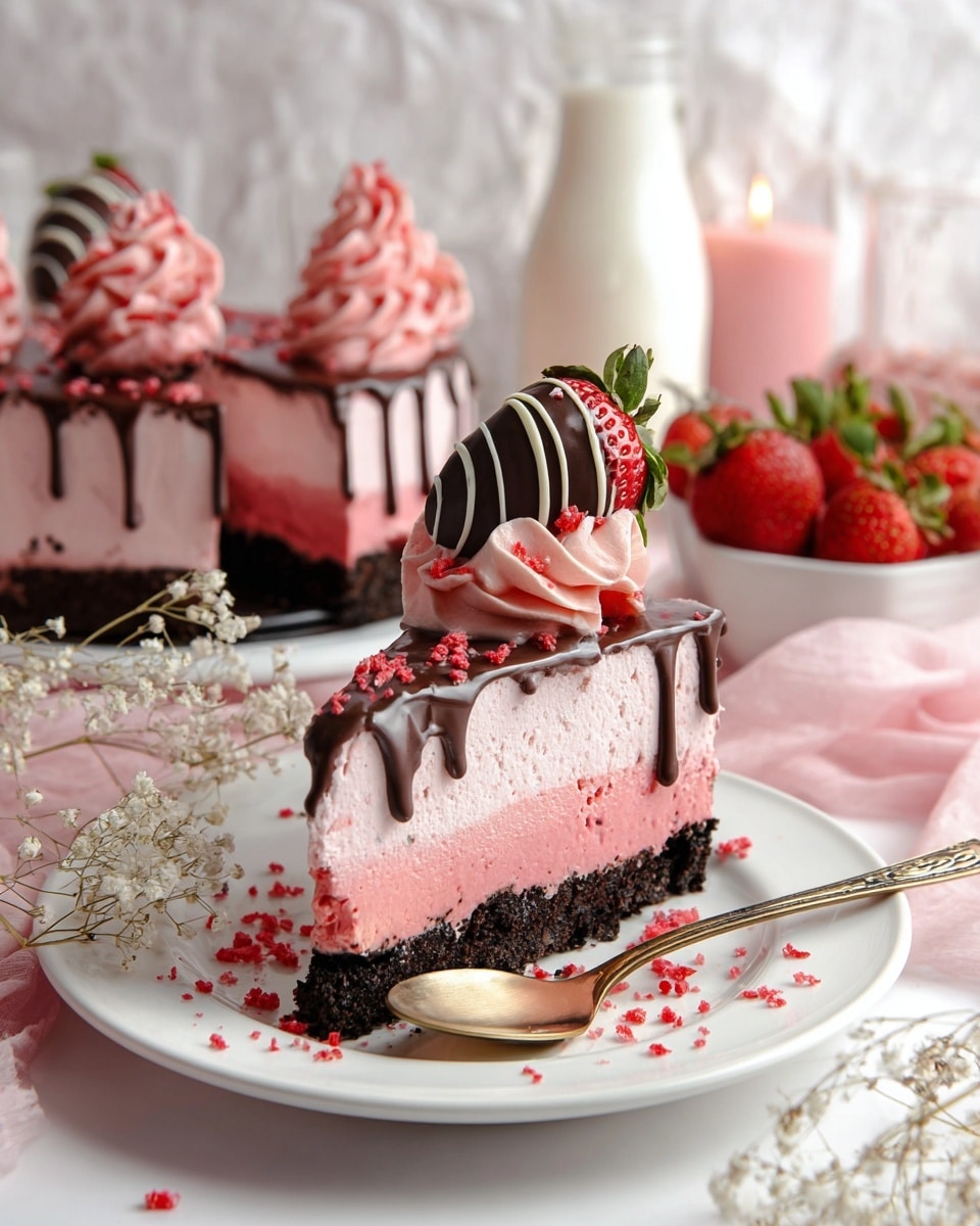 A slice of cake on a white plate shows three layers: a dark, crumbly base, a thick pink middle layer of creamy texture, and a thinner light pink top layer with a smooth finish. Dark chocolate sauce drips over the top edge onto the side, contrasting the pink layers. On top of the slice is a swirl of pink cream and a large strawberry dipped in chocolate and drizzled with white chocolate stripes. Red crumbs are scattered around the plate and surface. In the background, more cake slices with similar decoration are visible, along with a white bowl of fresh strawberries, pink cream in a glass dish, a lit pink candle, and a white bottle, all placed on a white marbled surface with dried white flowers nearby. A gold spoon lies on the plate next to the cake. photo taken with an iphone --ar 4:5 --v 7