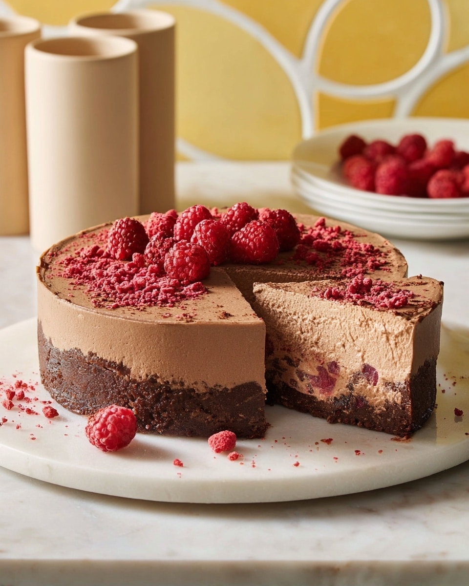 A round chocolate mousse cake with three visible layers sits on a white marble plate: a dark brown dense cake base on the bottom, a smooth lighter brown chocolate mousse middle layer, and a darker, airy chocolate mousse top layer. The top of the cake is covered with scattered bright red freeze-dried raspberries and crumbs. One slice is cut out and slightly pulled from the cake, showing the clean edges of each layer. The cake is placed on a white marbled surface with a yellow and white blurred background. Photo taken with an iphone --ar 4:5 --v 7