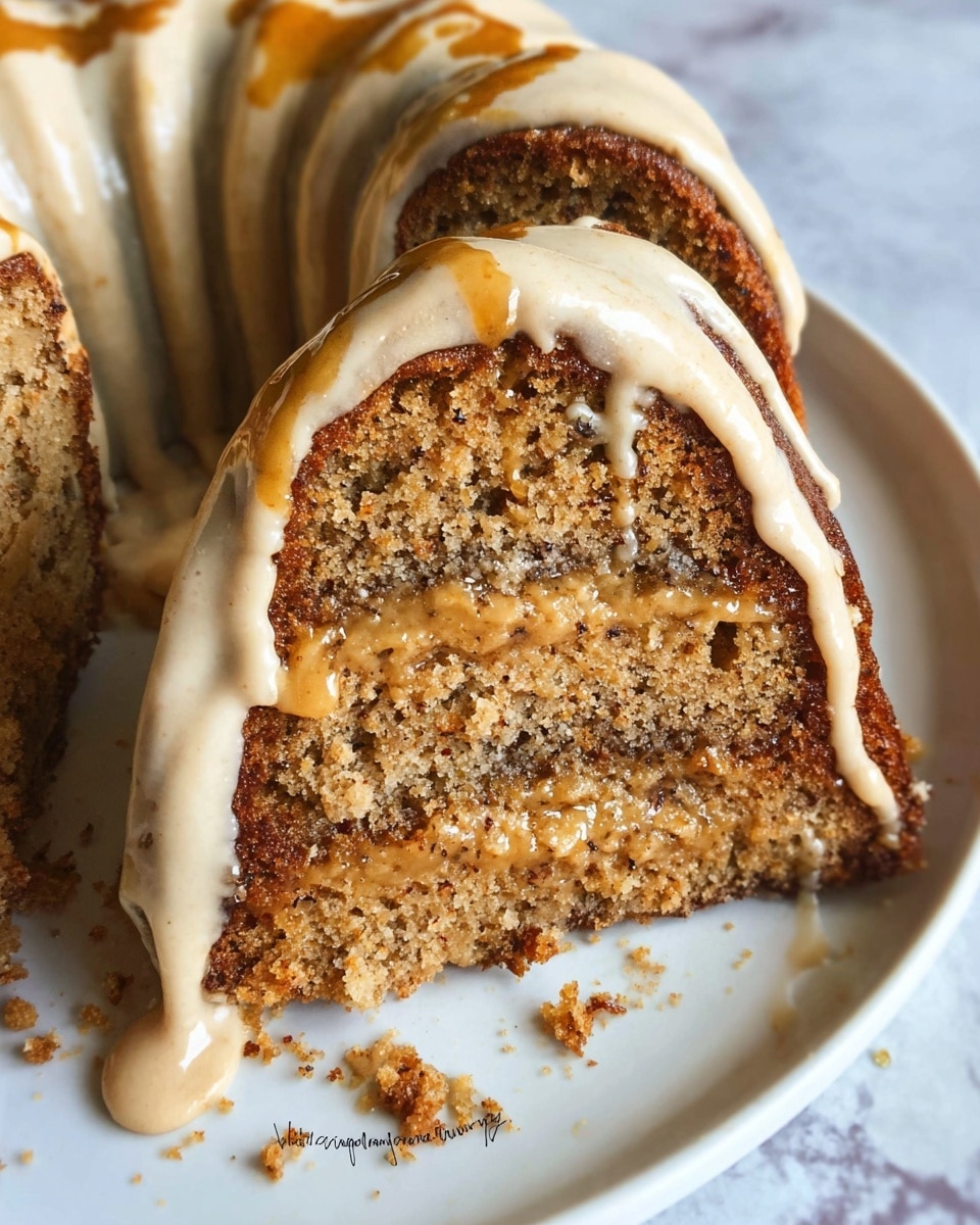 The image shows a close-up of a sliced bundt cake with three visible layers, each layer golden brown with a moist, crumbly texture and small dark specks throughout. A thick, creamy light brown glaze is drizzled smoothly and unevenly over the top, flowing down the sides and pooling slightly at the bottom. The cake sits on a white plate with crumbs scattered around and a small smear of glaze beside it. The background is a white marbled texture. photo taken with an iphone --ar 4:5 --v 7