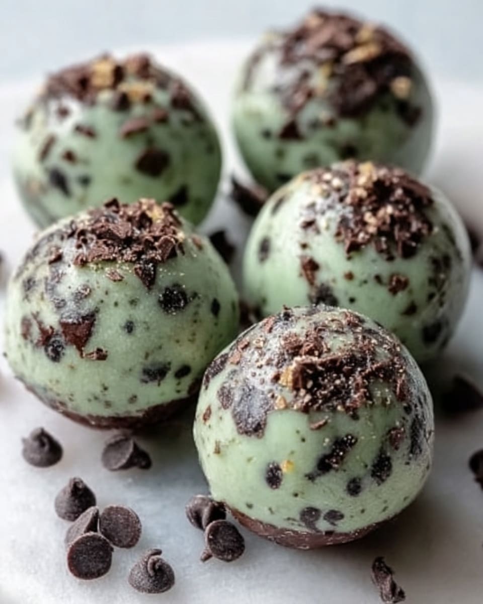 The image shows five round mint chocolate balls placed closely together on a white marbled surface. Each ball is coated with a smooth mint-green layer that has a slightly glossy texture. They are sprinkled with small dark chocolate chunks and light brown crushed nuts, adding variation in texture and color on top. Around the balls, scattered dark chocolate chips are visible, enhancing the rich chocolate theme. The lighting highlights the smoothness of the mint layer and the crunchiness of the toppings. Photo taken with an iphone --ar 4:5 --v 7