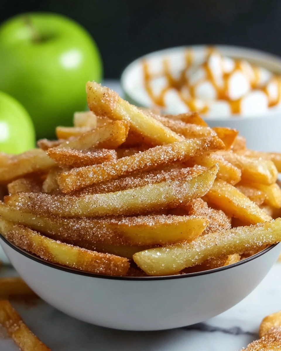 A black bowl full of golden brown churros coated with a shiny layer of sugar and cinnamon. The churros are stacked in a pile, showing their rough texture and evenly coated sugar crystals sparkling in the light. In the blurred background, two green apples are visible, adding a fresh color contrast, and a white bowl with a caramel-colored dipping sauce sits to the side. The bowl rests on a wooden slice, and the overall scene is set on a soft, white marbled texture. photo taken with an iphone --ar 4:5 --v 7