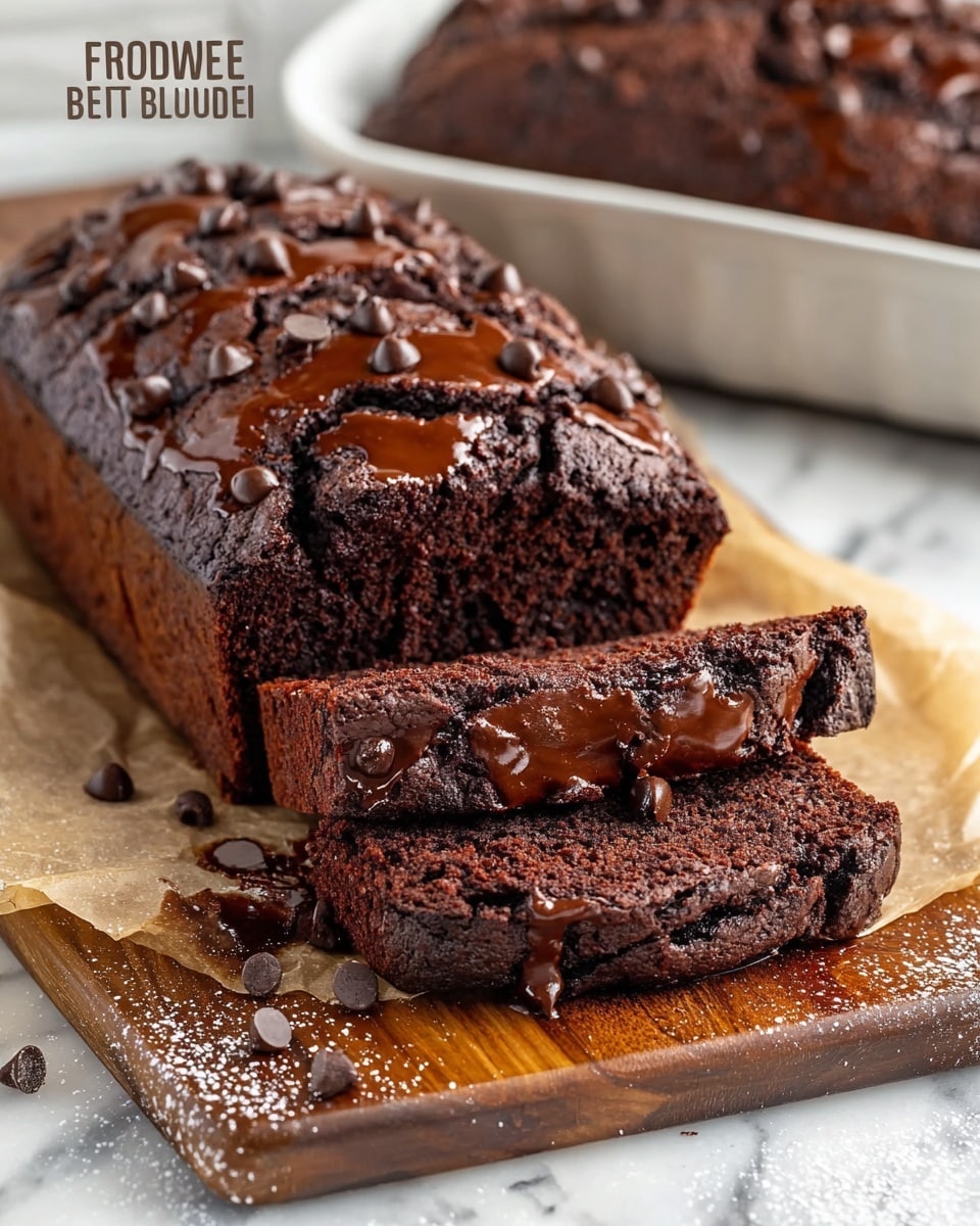 A loaf of dark brown hot fudge brownie bread sits on a wooden board lined with parchment paper, with two slices cut and laid in front. The top layer of the loaf is cracked, showing a gooey hot fudge glaze, and scattered dark chocolate chips add texture. The inside of the slices is moist and dense with a rich chocolate color, some melted fudge visible in the crumb. Around the loaf are small crumbs and a light dusting of powdered sugar. In the background, a white baking pan with more of the brownie bread is slightly out of focus, resting on a white marbled surface. photo taken with an iphone --ar 4:5 --v 7