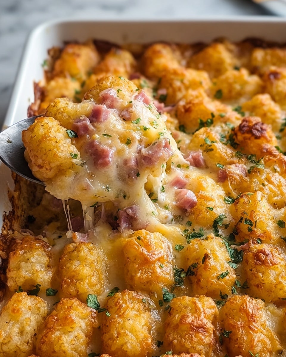The image shows a close-up of a white rectangular baking dish filled with a casserole topped with golden brown tater tots arranged in rows, each crispy and slightly browned on the edges. Below the tater tots, there is a melted cheese layer with a creamy texture that stretches as a spoon lifts a portion, mixed with small diced pieces of pink ham and bits of green herbs scattered on top. The melted cheese appears gooey and rich, blending seamlessly with the ham, while the dish sits on a white marbled surface. photo taken with an iphone --ar 4:5 --v 7