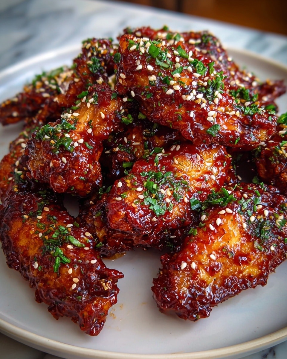 A plate full of crispy chicken wings covered with a shiny dark red sauce, sprinkled with white sesame seeds and chopped green herbs, the wings stacked on top of each other showing a mix of crunchy texture and sticky glaze, placed on a white plate over a white marbled texture. photo taken with an iphone --ar 4:5 --v 7