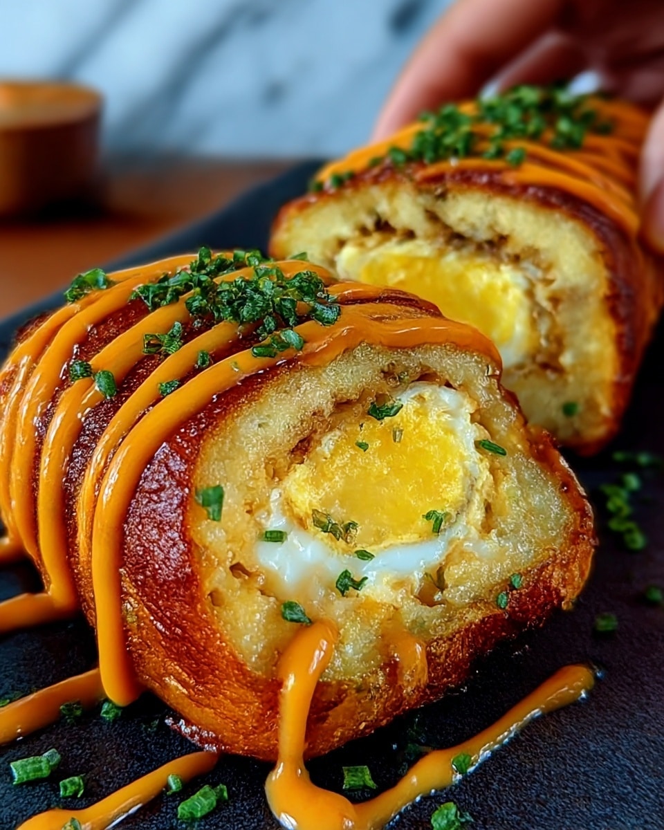 The image shows a close-up of two golden brown rolls sliced open, revealing a soft yellow egg and creamy white filling inside each. The rolls have a crispy texture on the outside and are topped with thick orange sauce drizzled in a spiral pattern. Fresh green chopped herbs are sprinkled over the rolls, adding color contrast. The rolls are placed on a dark surface with a blurred background featuring a white marbled texture and a woman's hand holding one side. photo taken with an iphone --ar 4:5 --v 7