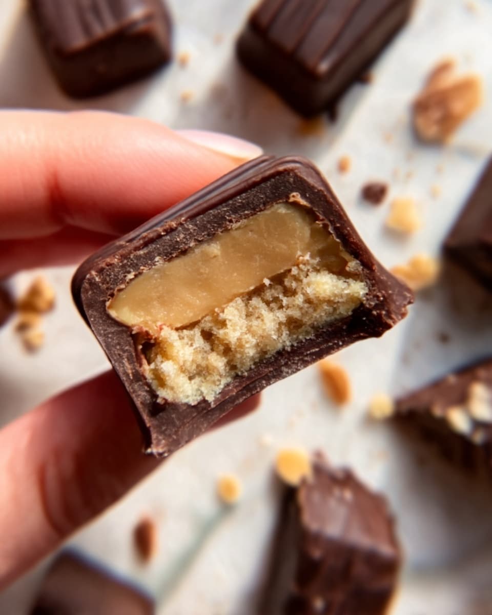 The image shows a close-up of a piece of chocolate candy held by a woman's hand. The candy has a dark brown glossy outer chocolate layer with fine lines on top. Inside, there are two inner layers: the outer inner layer is light caramel brown and smooth, while the center has a crumbly beige filling with a bit of crumb texture. The background is a white marbled surface scattered with more chocolate candies and small crumbs. Photo taken with an iphone --ar 4:5 --v 7