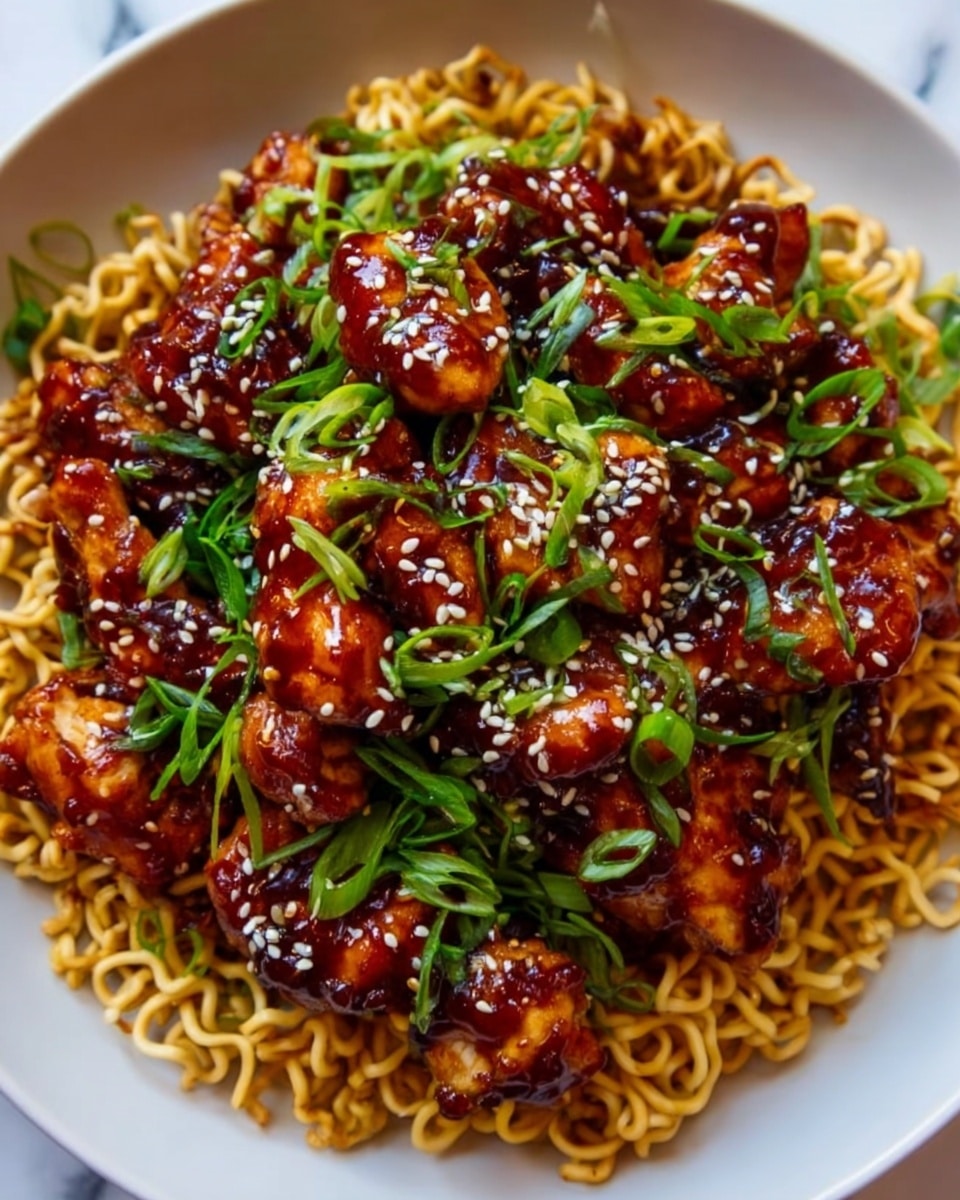 The image shows a white plate filled with a bed of curly, golden-brown noodles forming the bottom layer. On top, there is a generous layer of glazed, dark reddish-brown pieces of chicken covered in a shiny sauce. Scattered across the chicken are fresh green chopped scallions and sprinkled white sesame seeds, adding contrast in color and texture. The dish sits on a white marbled surface. Photo taken with an iphone --ar 4:5 --v 7