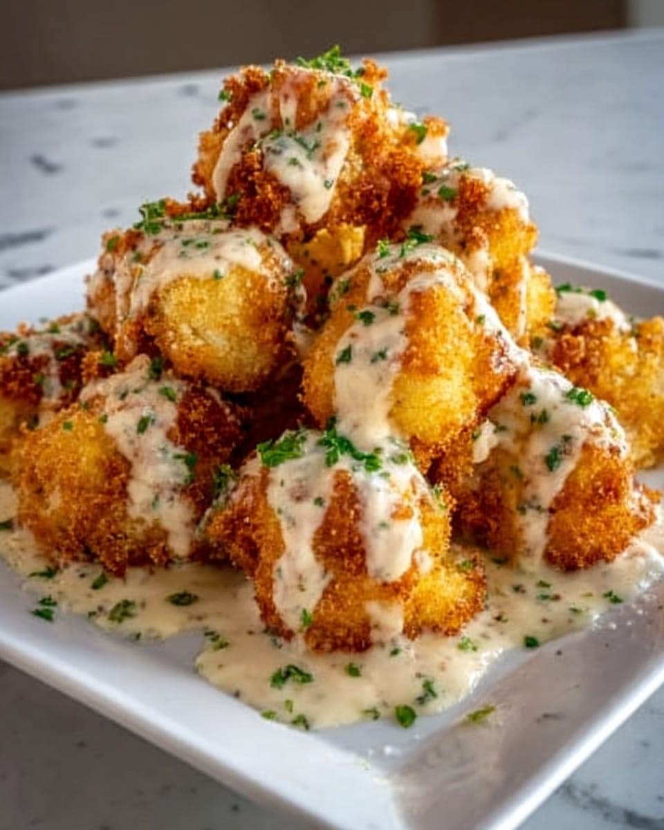 A white square plate holds a pile of golden-brown fried cauliflower pieces, each crispy and rough on the outside. They are coated with a creamy white sauce that has a smooth texture and is drizzled unevenly over the cauliflower, pooling slightly on the plate. Small bits of green herbs are sprinkled on top, adding a fresh splash of color. The setting is on a white marbled surface, softly lit to highlight the textures and colors of the dish. Photo taken with an iphone --ar 4:5 --v 7