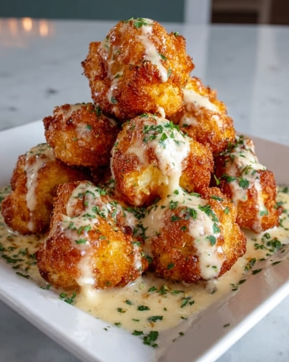 The image shows a pile of golden brown fried cauliflower pieces stacked high on a white square plate. The cauliflower looks crispy on the outside with a rough texture, and it is coated with a creamy white sauce that drips down the sides. Green herbs are sprinkled over the top, adding a fresh touch of color. The plate sits on a white marbled surface. photo taken with an iphone --ar 4:5 --v 7