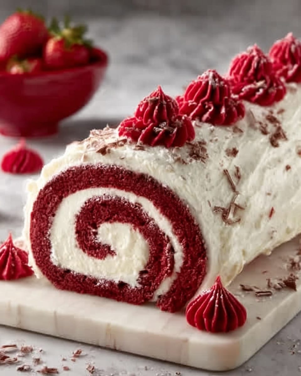 A white marble-textured surface holds a white rectangular wooden board with a red velvet roll cake placed on it. The cake has three visible spiral layers: a deep red sponge cake forming the outer and inner layers, and a thick, creamy white filling layer sandwiched in between. The cake is coated in a smooth white cream frosting with small patches of gentle texture. The top is decorated with evenly spaced, bright red rosettes of cream along the length of the roll, and small red cream dollops are placed around the base. There are light chocolate shavings sprinkled on the surface of the frosting, adding subtle texture. In the background, a red bowl with bright red strawberries sits blurred out. Photo taken with an iphone --ar 4:5 --v 7