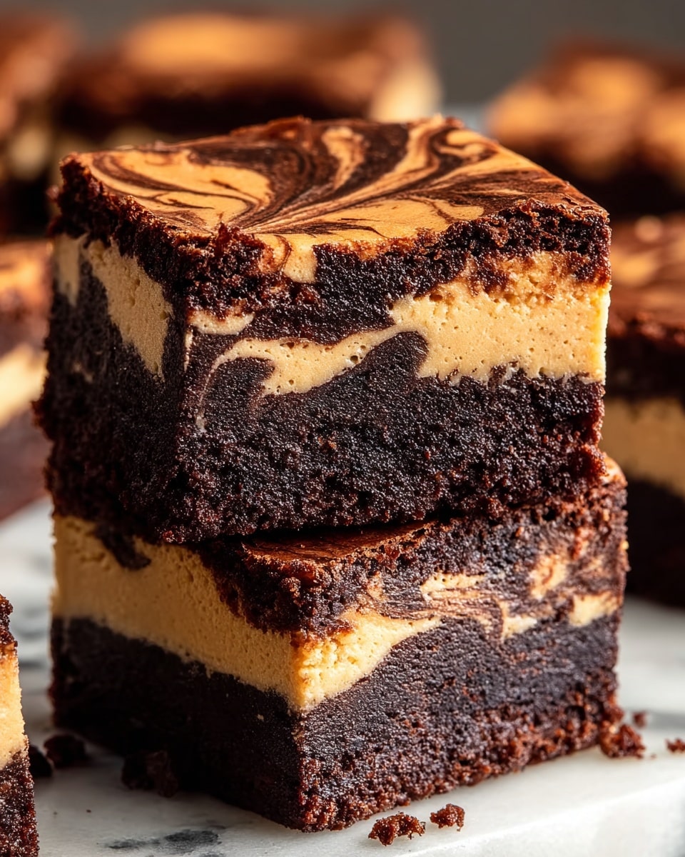 Two square brownie pieces stacked on each other sit on a white marbled surface. Each brownie has three layers: a thick, dark brown, crumbly base layer; a middle creamy, light brown layer with a smooth texture; and a top dark brown layer with a cracked surface and visible swirls of light brown cream creating a marbled effect. The edges look slightly rough and crumbly, with some crumbs scattered on the surface around them. Photo taken with an iphone --ar 4:5 --v 7