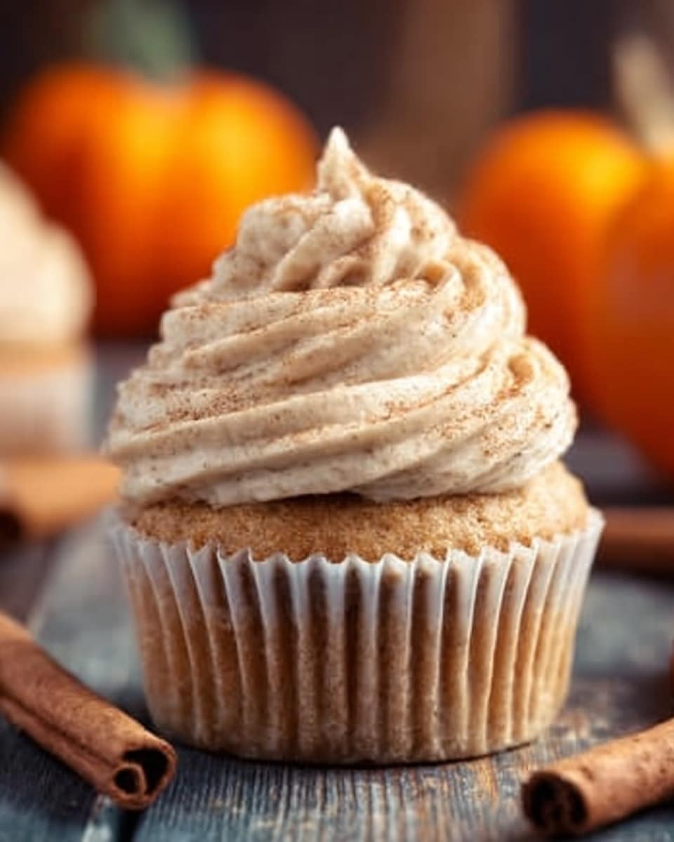 A close-up image of a single cupcake with a light brown base in a white paper wrapper. The cupcake has a tall swirl of creamy beige frosting with a smooth, slightly whipped texture, topped with a light sprinkle of cinnamon. The cupcake sits on a rustic wooden surface with blurred orange pumpkins and cinnamon sticks in the background. Photo taken with an iphone --ar 4:5 --v 7