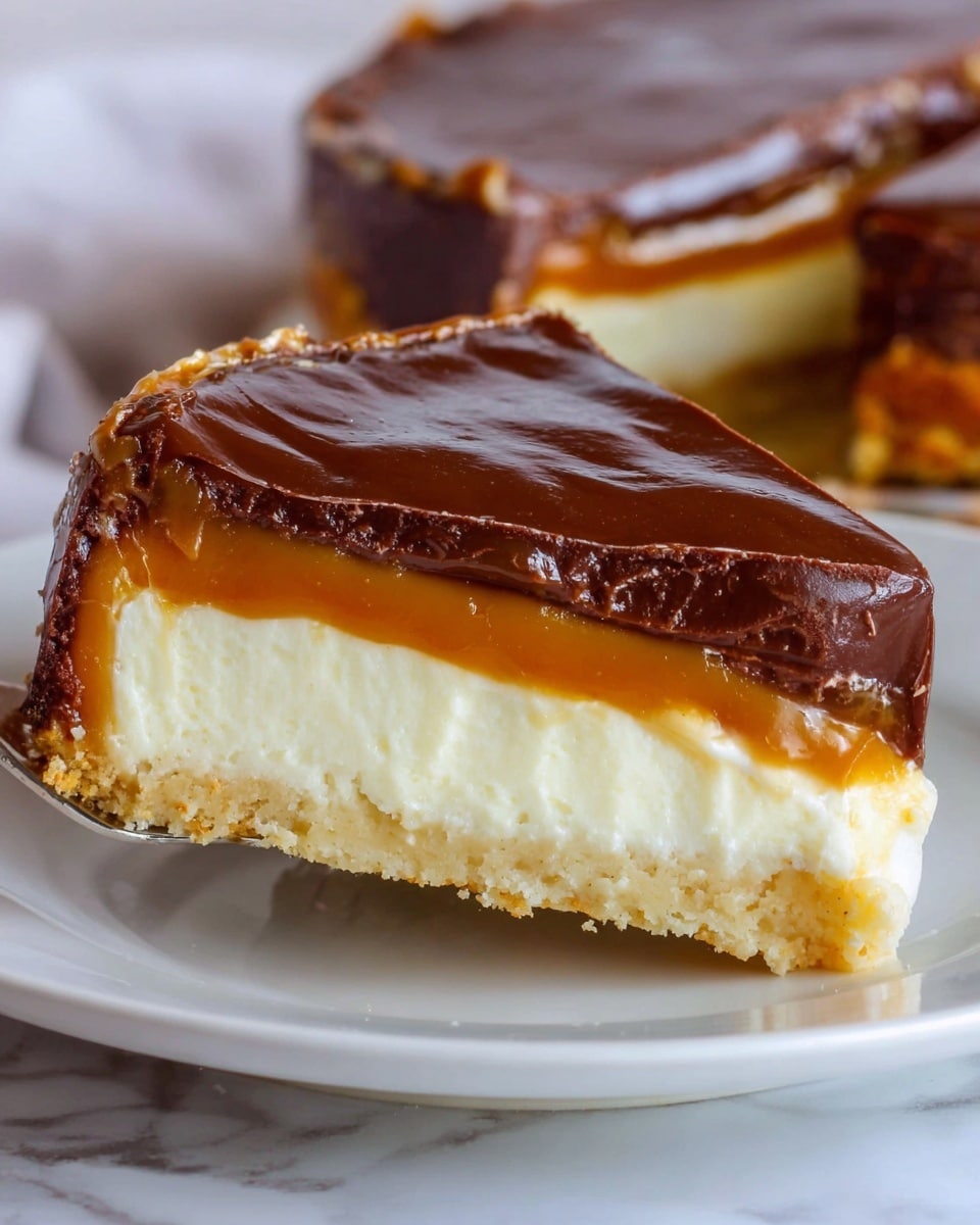 The image shows a close-up of a slice of pie being lifted from a whole pie on a white plate. The pie has four visible layers: a thin, light golden crust at the bottom that looks firm; above it is a thick creamy white cheesecake layer with a smooth texture; on top of this is a glossy caramel layer with a rich amber color that glistens slightly; the topmost layer is a wide, dark chocolate layer with a shiny but slightly textured surface. The background is a soft, white marbled texture. Photo taken with an iphone --ar 4:5 --v 7