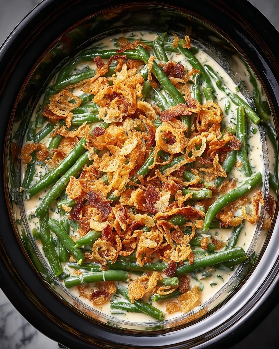 The dish is shown from above in a black round slow cooker, filled with bright green beans lying in a creamy white sauce that has visible herbs mixed in. On top of the beans and sauce, there is a generous layer of crispy, golden brown fried onions and bits of crunchy toasted bread, adding texture and contrast to the softness below. The green beans are long and firm, scattered evenly beneath the uneven crunchy topping. The edges of the slow cooker reflect some light, highlighting the creamy and colorful mixture inside, all set on a white marbled surface. photo taken with an iphone --ar 4:5 --v 7