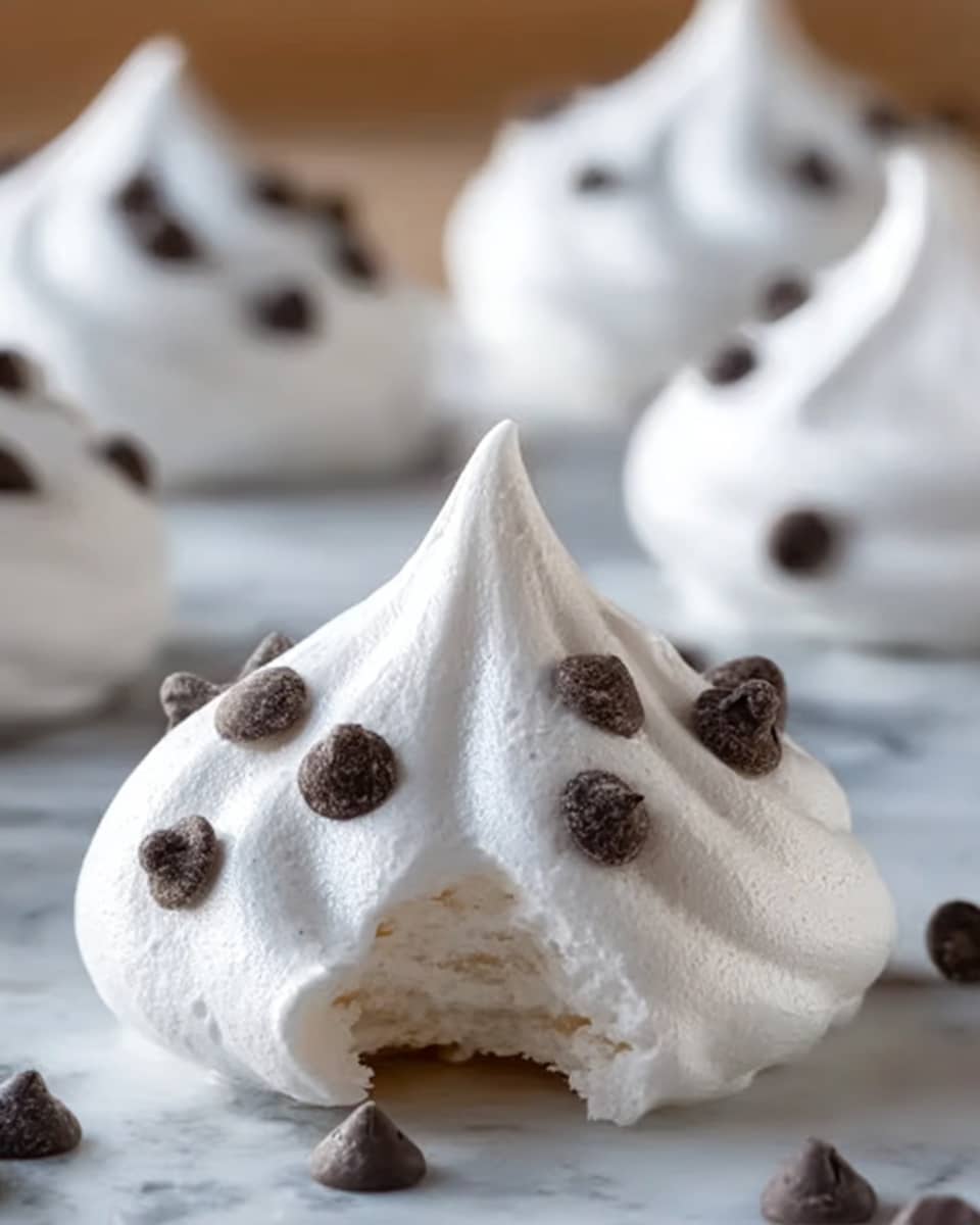 The image shows a close-up of a soft white meringue cookie shaped like a small peak with a smooth, slightly shiny surface. Each meringue is decorated with small dark brown chocolate chips embedded on top and around the sides. The meringue's inside reveals a light, airy texture with a thin, slightly darker base layer that looks crispy. Several similar meringues are seen blurred in the background on a white marbled surface. photo taken with an iphone --ar 4:5 --v 7