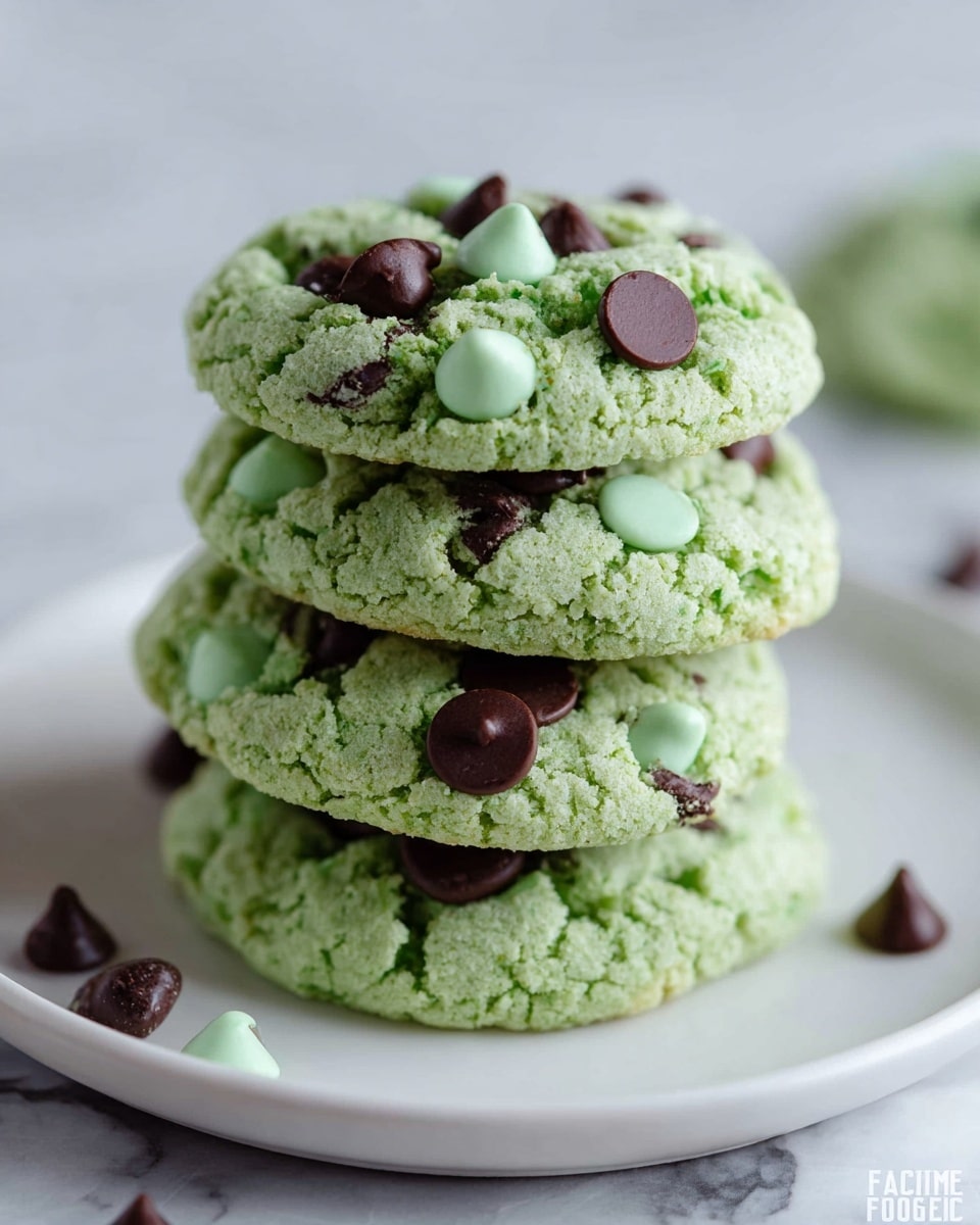 A stack of five soft green cookies is placed in the center of a white round plate, each cookie thick and textured with cracks showing their softness. Scattered throughout the cookies are dark brown and light mint green chocolate chips, some melted slightly into the green dough, while others sit on top, creating a mix of smooth round shapes and rough crumbly edges. The plate rests on a white marbled surface, and a few chocolate chips are faintly visible outside the plate around the stack. photo taken with an iphone --ar 4:5 --v 7