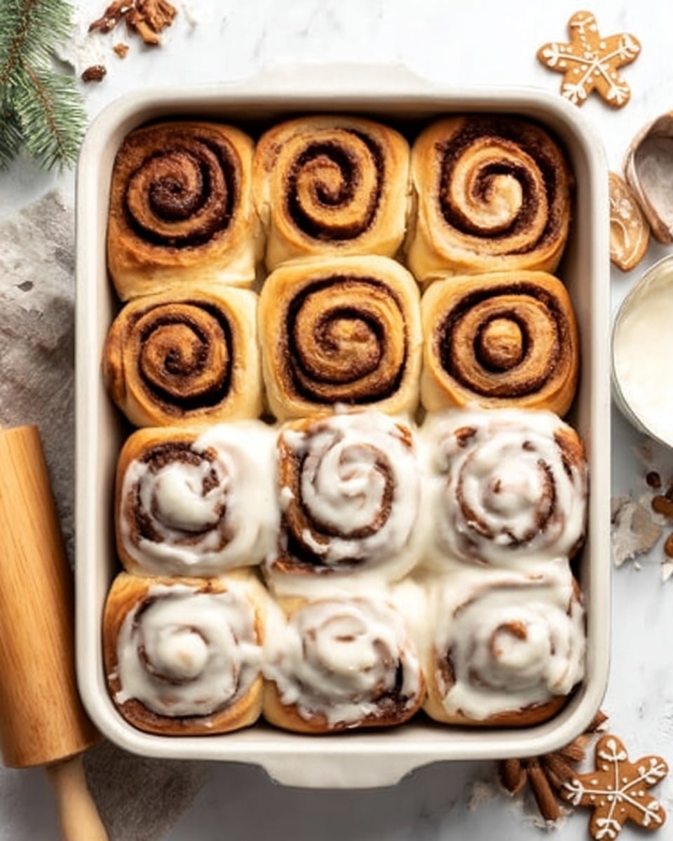 The image shows a white rectangular baking tray filled with cinnamon rolls arranged in three rows. The top two rows have golden-brown cinnamon rolls with dark brown spirals of cinnamon filling, and the bottom row has cinnamon rolls covered in white creamy icing that looks smooth and slightly glossy. The rolls have a soft, fluffy texture with tight swirls and slightly raised edges. The tray is placed on a white marbled surface, with a wooden rolling pin and some small gingerbread cookies scattered nearby. Photo taken with an iphone --ar 4:5 --v 7