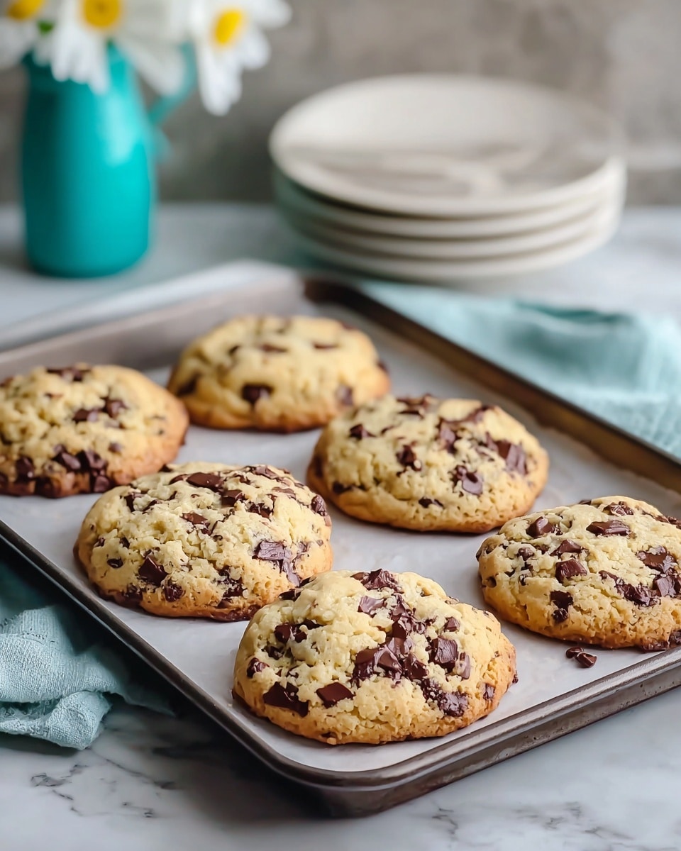 The image shows six large, thick chocolate chip cookies on a baking tray lined with parchment paper. Each cookie is golden brown with a slightly crisp edge and soft centers filled with an uneven mix of dark chocolate chunks and chips scattered throughout. The cookies are slightly rounded on top, with a rough, textured surface that reveals the melty chocolate pieces. The tray is set on a white marbled textured surface, with a stack of white plates in the background and a blurred turquoise container and white vase with daisies nearby. photo taken with an iphone --ar 4:5 --v 7