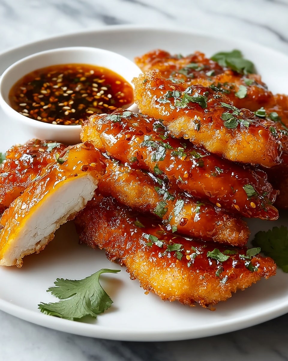 The dish shows several golden-brown crispy chicken pieces stacked on a white plate, each piece covered in a shiny, sticky orange glaze with small green herbs sprinkled on top. One piece is sliced in half, revealing the juicy white meat inside, while a small white bowl of dark reddish-orange dipping sauce with sesame seeds and herb leaves sits on the side. The white plate is placed on a white marbled surface, and a few green herb leaves are scattered around the plate near it. Photo taken with an iphone --ar 4:5 --v 7