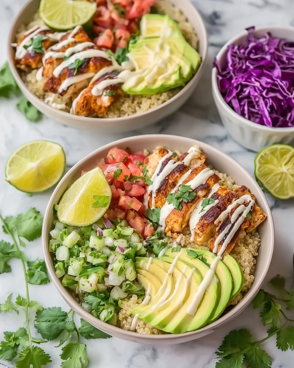 The image shows two bowls filled with colorful food placed on a white marbled surface with some lime wedges and cilantro around. Each bowl has several layers: the bottom layer is a light beige grain, possibly quinoa or couscous; next is a fresh, chunky green salad with small pieces of red tomato visible. On top of this sits grilled, golden-brown pieces of chicken with a slightly crispy texture, drizzled with white creamy sauce. Alongside the chicken are neatly sliced pale green avocado pieces layered in a fan shape. Each bowl is also garnished with a lime wedge and fresh green cilantro leaves. In the background, there is a small white bowl filled with purple shredded cabbage or slaw. photo taken with an iphone --ar 4:5 --v 7