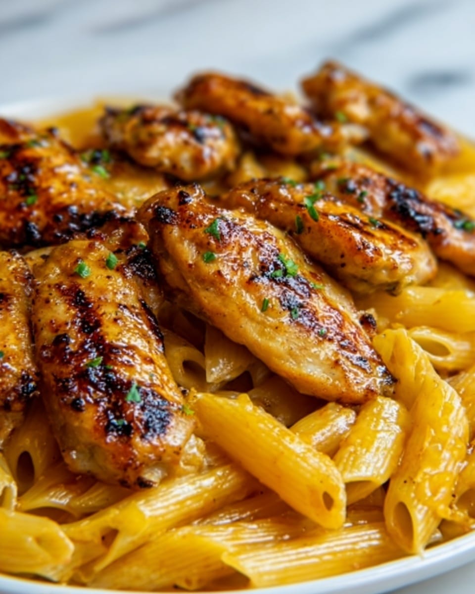 The image shows a close-up of grilled chicken wings placed over a bed of penne pasta. The chicken wings have a golden brown color with grill marks and small green herb pieces sprinkled on top. The penne pasta underneath is a light orange-yellow with a smooth texture, slightly coated in a sauce. The food is set on a white plate, resting on a white marbled surface. photo taken with an iphone --ar 4:5 --v 7