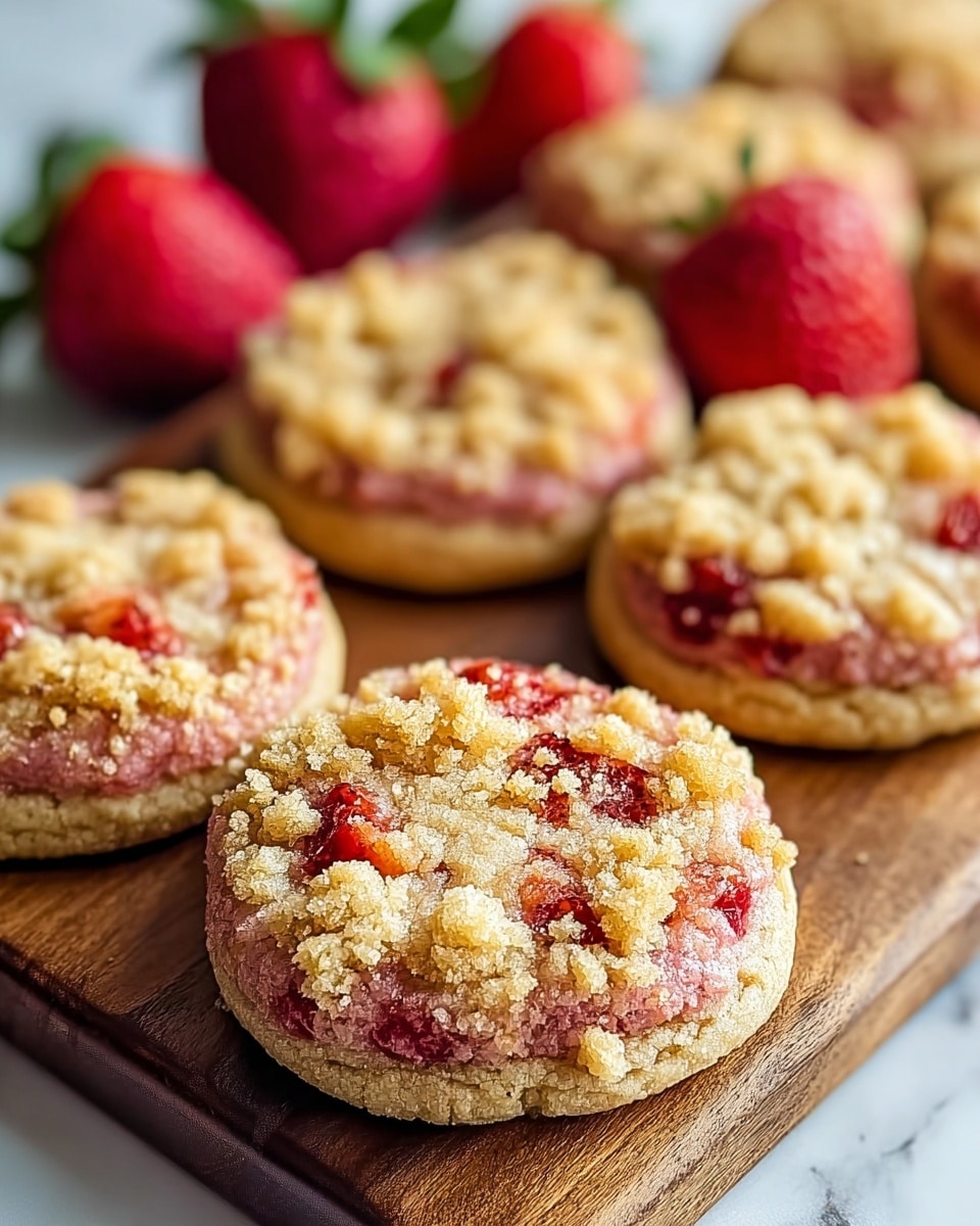 A close-up view of five round cookies on a wooden board, each cookie having three visible layers: a rough, light golden-brown base layer with a crumbly texture, a middle layer that is pink with some embedded small pieces of bright red strawberries, and a top layer made of golden crumbly streusel scattered unevenly across the surface. In the background, blurred red whole strawberries with green leafy tops add color contrast. The cookies are evenly spread, some overlapping slightly, all sitting on a white marbled surface photo taken with an iphone --ar 4:5 --v 7