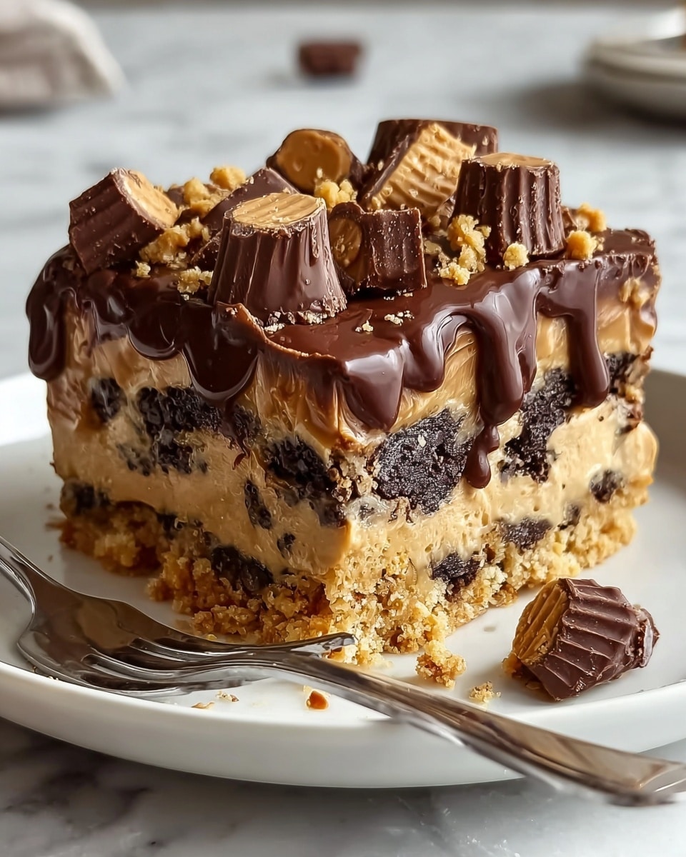 A close-up of a layered dessert bar on a white plate with a silver fork on the side, showing four main layers: the bottom layer is a golden-brown crumbly crust, the second layer is dark chunks mixed into a lighter filling, the third layer is smooth, creamy caramel-colored filling, and the top layer is thick dark chocolate dripping over the edges with chunks of chocolate and peanut butter candies scattered on top. Some crumbs and a single chocolate piece are on the plate near the dessert, with a white marbled surface in the background. photo taken with an iphone --ar 4:5 --v 7