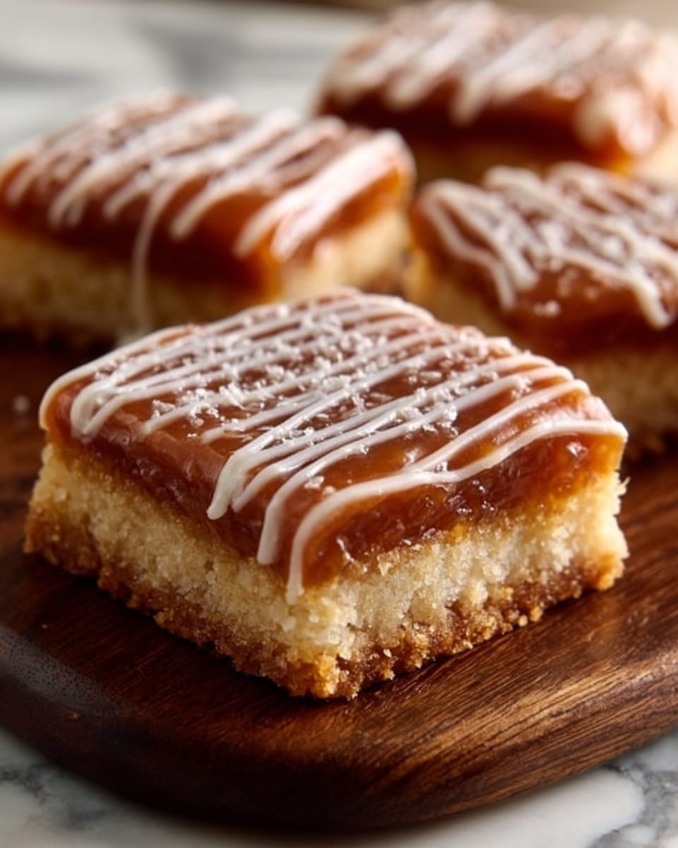 The image shows three square dessert bars placed on a dark wooden board, each with a golden brown base layer that looks soft and crumbly. On top of this base, there is a smooth caramel layer that is light brown and slightly shiny. The caramel layer is decorated with thin white icing lines drizzled across the top, adding a simple pattern. The wooden board sits on a white marbled surface, creating a clean contrast with the warm colors of the dessert. photo taken with an iphone --ar 4:5 --v 7