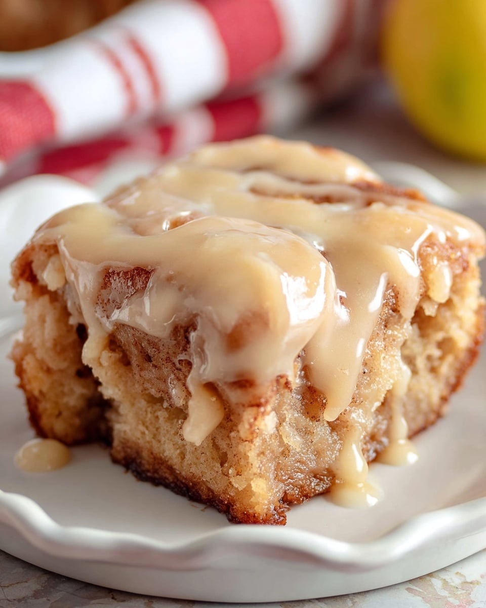 A close-up of a square piece of cinnamon roll with two main layers; the base layer is a soft, golden brown roll with visible swirls of cinnamon and a slightly crispy edge, while the top layer is thick, creamy light tan glaze dripping down the sides. The cinnamon roll sits on a smooth white plate with scalloped edges, placed on a white marbled texture surface. The background is softly blurred, showing a hint of a red and white striped cloth and a yellow object. Photo taken with an iphone --ar 4:5 --v 7