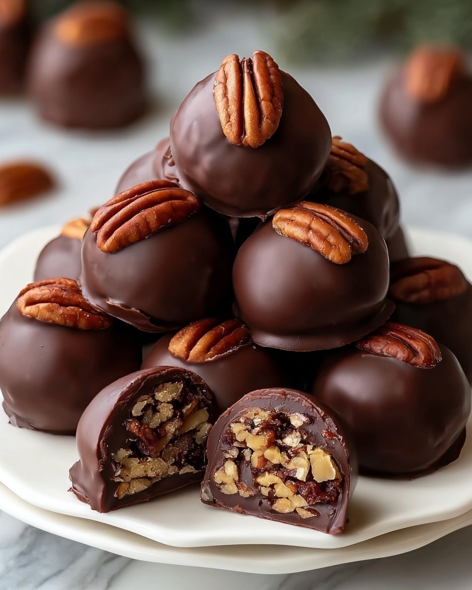 A pile of round chocolate balls is placed on a white plate with gentle curves. Each chocolate ball is smooth and glossy, covered fully in dark brown chocolate. On top of six balls, a whole pecan half sits as a decoration, creating a textured brown pattern contrasting with the smooth chocolate. Two chocolate balls are cut in half, showing three inner layers: the outer chocolate shell, a thick golden caramel-like filling, and a layer of chopped pecans that add a crunchy feel. The scene is set against a white marbled surface, emphasizing the rich chocolate and nut colors. Photo taken with an iphone --ar 4:5 --v 7