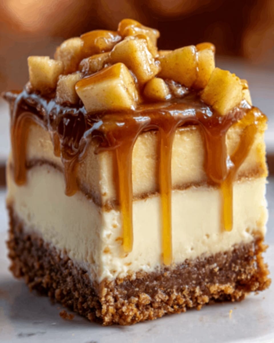 A close-up of a square slice of cheesecake resting on a white marbled surface, showing three clear layers: the bottom crust is crumbly and dark brown, the middle layer is creamy and pale beige, and the top layer is covered with caramel-glazed chopped apple pieces in golden yellow and light brown hues. Thick caramel sauce drips down the sides of the cheesecake, adding a shiny, sticky texture to the top and edges. The background is softly blurred with warm tones. Photo taken with an iphone --ar 4:5 --v 7