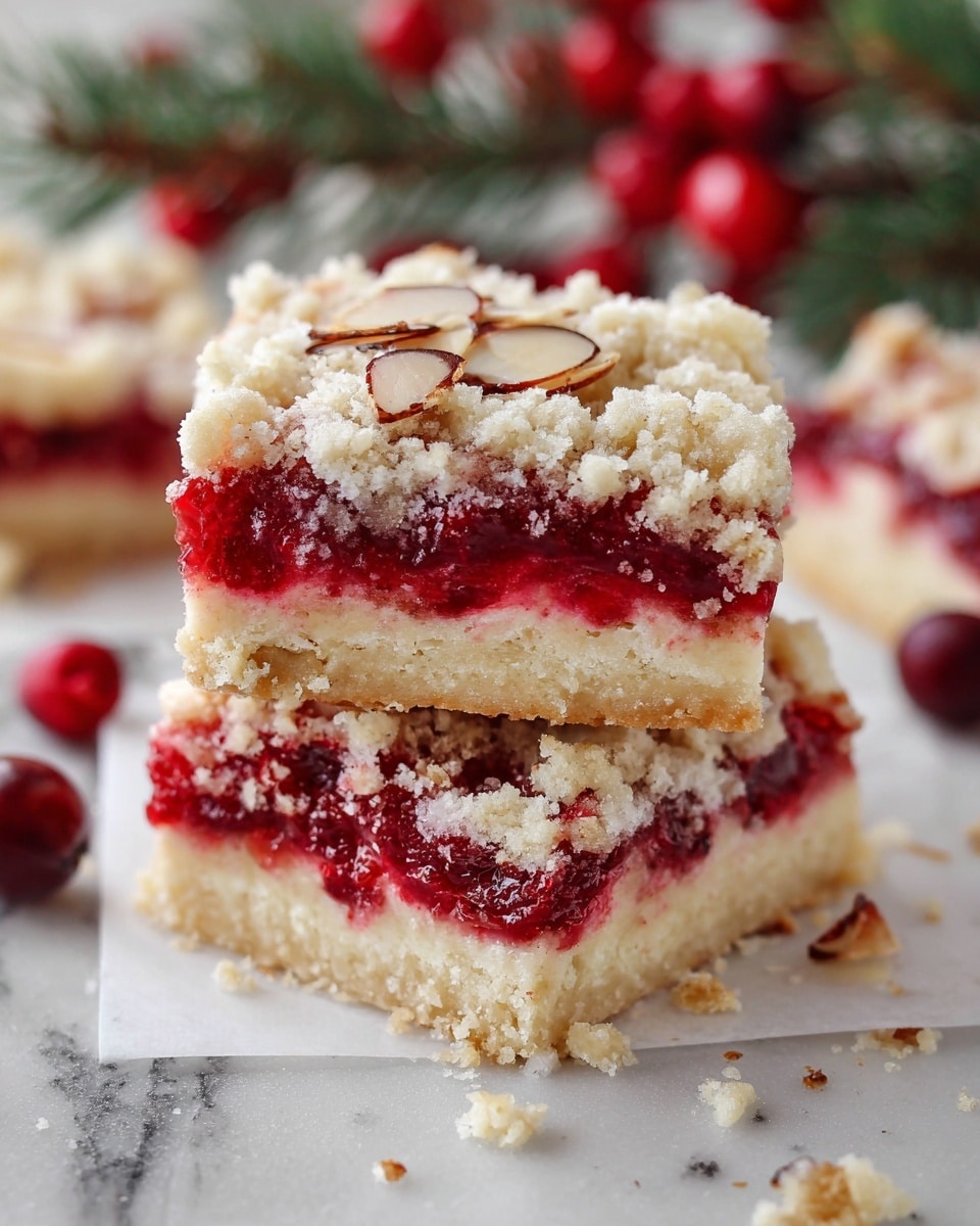The image shows a close-up of two stacked dessert bars with three clear layers. The bottom layer is thick, light beige, and soft with a crumbly texture. The middle layer is bright red, glossy, and looks like a berry filling with pieces of fruit inside. The top layer is streusel-like, pale and crumbly, sprinkled with light brown, thin almond slices. The bars rest on white paper on a white marbled surface, with a soft-focused background of red berries and pine branches. Small crumbs and almond pieces are scattered around the bars. photo taken with an iphone --ar 4:5 --v 7