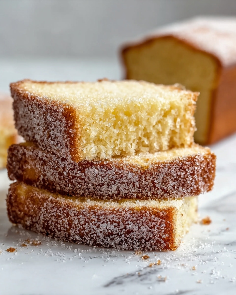 The image shows four slices of a light golden brown loaf cake stacked on a white marbled surface. Each slice has a soft, moist texture with a fine crumb, and the outside edges are coated with a layer of granulated sugar giving a slightly rough, sparkling finish. The top slice rests slightly tilted on the others, showing the airy, pale yellow inside contrasted by the darker sugary crust. In the background, the blurred whole loaf is visible, reinforcing the fresh and homemade look of the cake. Photo taken with an iphone --ar 4:5 --v 7
