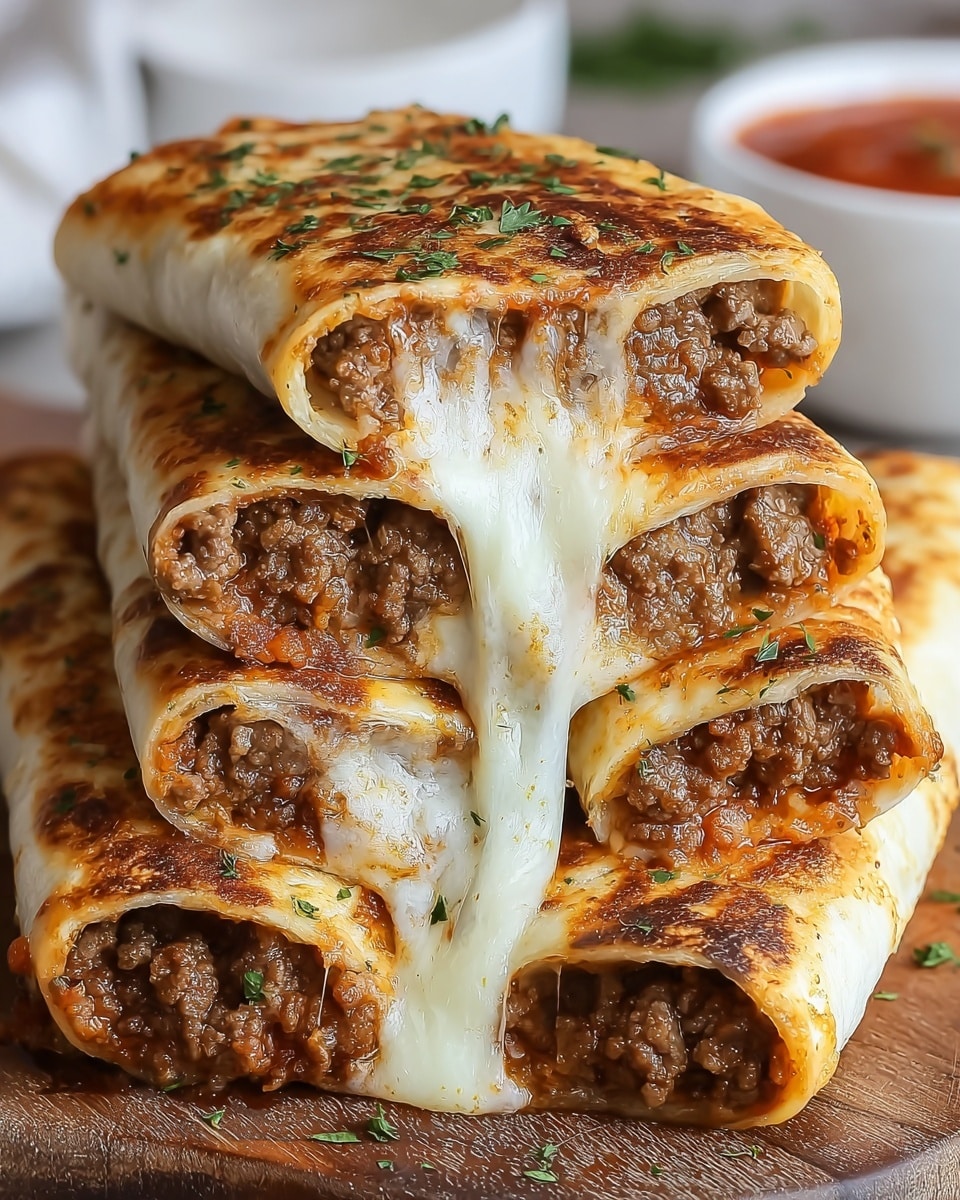 The image shows a close-up of five folded burritos stacked on each other on a wooden board, placed on a white marbled texture. Each burrito has a golden-brown, slightly crispy outer layer with a sprinkling of green herbs on top. Inside, there is a thick layer of cooked ground beef mixed with melted white cheese stretching out, giving a rich and gooey texture. The edges of the burritos show the juicy filling spilling out. In the blurred background, there are white bowls, one likely containing a red sauce. photo taken with an iphone --ar 4:5 --v 7