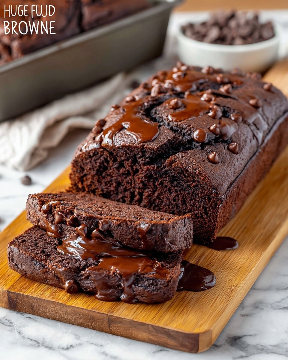 A dark brown brownie bread loaf with a cracked top is shown on a wooden board covered with parchment paper. The top is decorated with shiny melted chocolate chips and glossy hot fudge dripping in places. Two thick slices are cut from the loaf, revealing a moist and dense interior with visible chocolate chunks and a gooey fudge layer inside the slices. The wooden board rests on a white marbled surface, with another freshly baked brownie loaf in a metal pan blurred in the background. Photo taken with an iphone --ar 4:5 --v 7