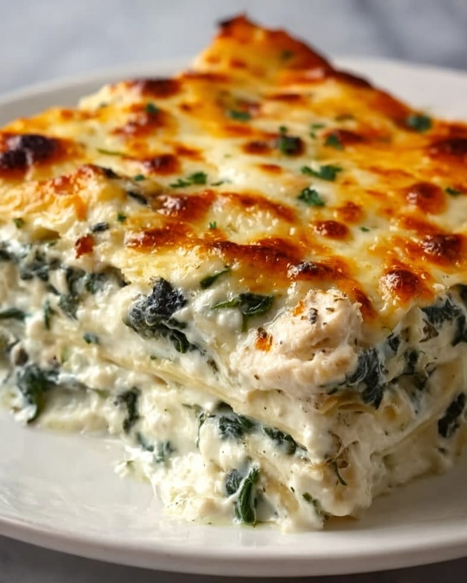 The image shows a close-up of a slice of a creamy spinach and cheese lasagna. The top layer is golden brown melted cheese with small browned spots, covering a layer of cooked spinach mixed smoothly with ricotta cheese. Beneath that, several thick layers of white cheese and slightly visible pasta sheets create a rich, creamy texture with soft edges. The dish is served on a white plate placed on a white marbled surface. The photo highlights the gooey, melted cheese and the green flecks of spinach in the creamy filling. photo taken with an iphone --ar 4:5 --v 7