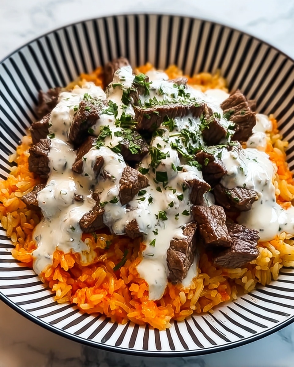 A white bowl with black thin vertical stripes holds a layered dish. The bottom layer is orange-colored rice with a slightly soft texture. Above the rice is a layer of bright orange sauce spread evenly. On top of the sauce, there are many small pieces of medium-cooked steak, showing brown outer edges and pink centers. A creamy white sauce with small herb bits is drizzled generously over the steak. The dish is finished with small green chopped herbs sprinkled on top. The bowl is placed on a white marbled surface. Photo taken with an iphone --ar 4:5 --v 7