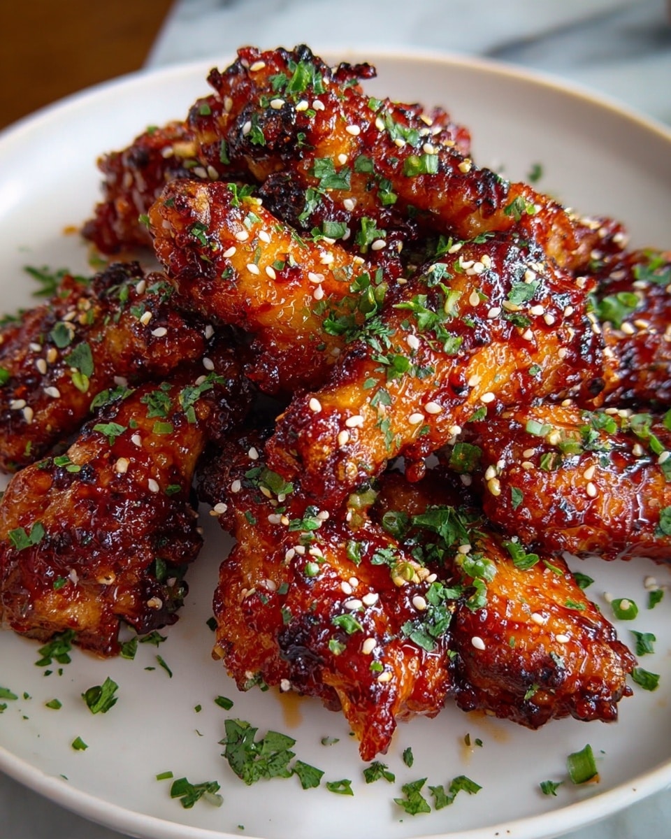 A white plate filled with a pile of crispy chicken wings coated in a shiny, sticky red-brown sauce, giving them a glossy and slightly charred texture; the wings are garnished with small white sesame seeds and finely chopped bright green herbs scattered on top and around the edges, all placed on a white marbled surface. photo taken with an iphone --ar 4:5 --v 7
