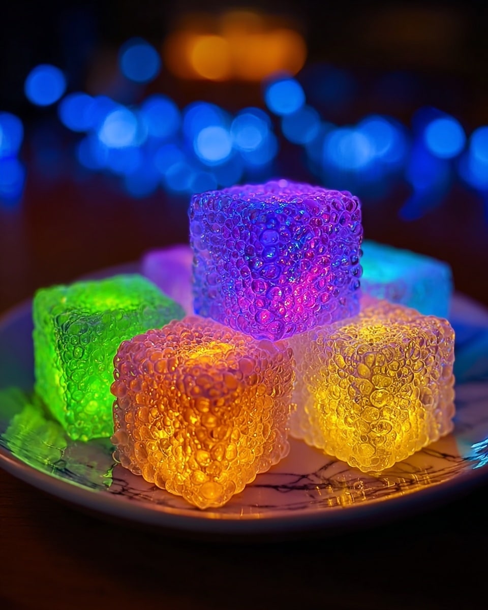 The image shows a white plate with six glowing cubes placed closely together, each cube made of small, translucent beads that create a rough texture. The cubes have vibrant colors glowing from inside: purple and blue on the front left, bright green in the middle front, and warm yellow and orange towards the back. The light shines through the beads, making the edges and surfaces shimmer with a mix of glowing and sparkling effects on a white marbled texture beneath the plate. The background is dark with blurred blue light orbs creating a soft bokeh effect. Photo taken with an iphone --ar 4:5 --v 7