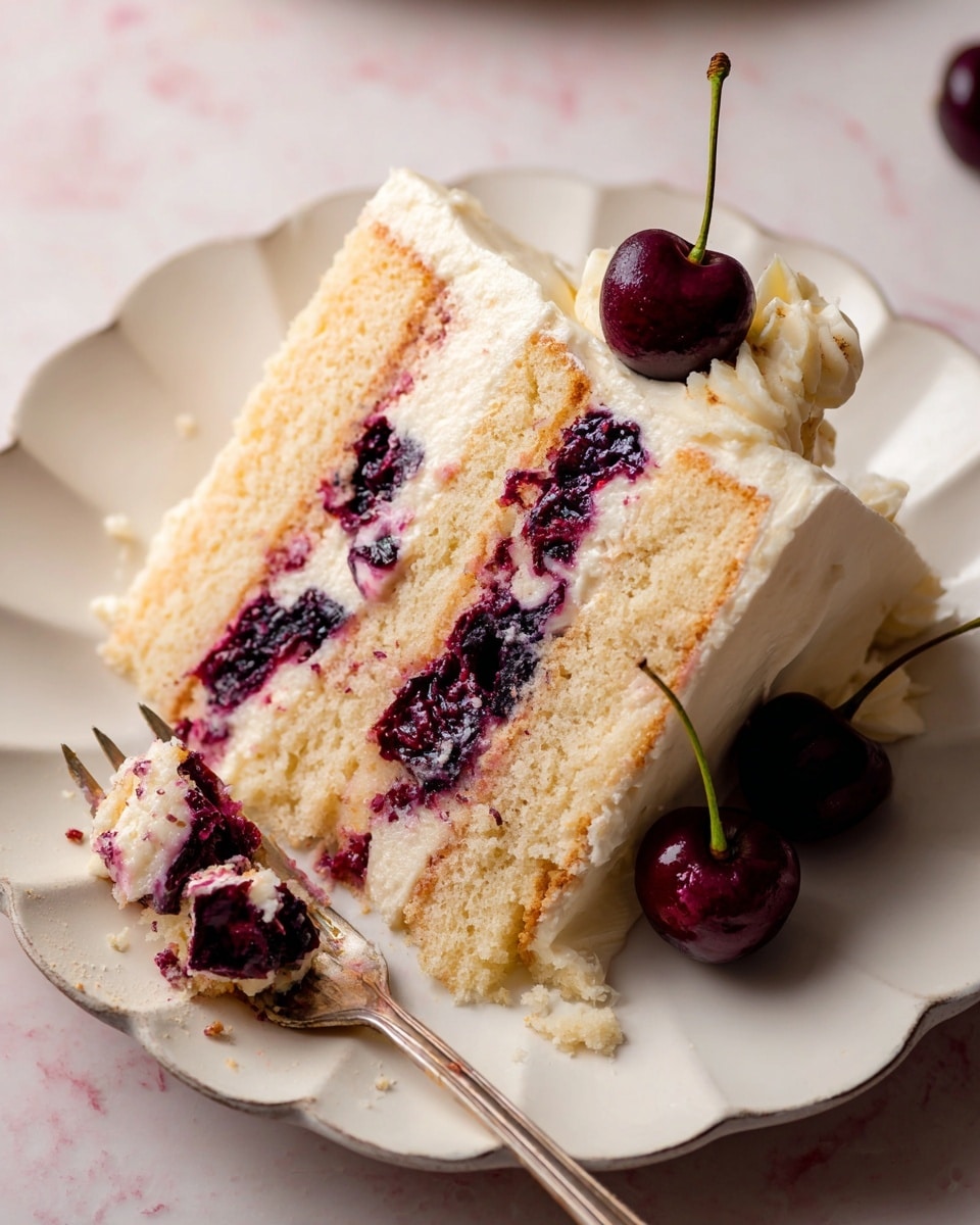 A slice of three-layer light yellow sponge cake sits on a white scalloped plate, each layer separated by dark purple cherry filling mixed with creamy white frosting. The top layer is covered with smooth white frosting, slightly textured around the edges. Two dark red cherries with stems rest beside the cake slice on the plate. A silver fork with crumbs and cherry filling rests near the base of the plate on a white marbled surface. Photo taken with an iphone --ar 4:5 --v 7