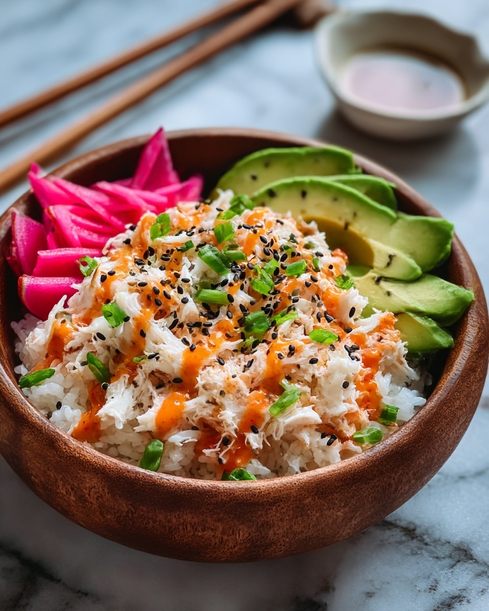 A wooden bowl holds a colorful poke bowl with three main layers: the bottom layer is white rice, soft and sticky, covering the whole base; on top, shredded white crab meat is spread generously, drizzled with an orange spicy sauce and sprinkled with black sesame seeds and chopped green onions; on one side, bright pink pickled radish sticks are neatly arranged, and on the opposite side, fresh avocado slices in light green fan out. The bowl is set on a white marbled surface, with chopsticks resting behind it and a small white sauce dish blurred in the background. Photo taken with an iphone --ar 4:5 --v 7