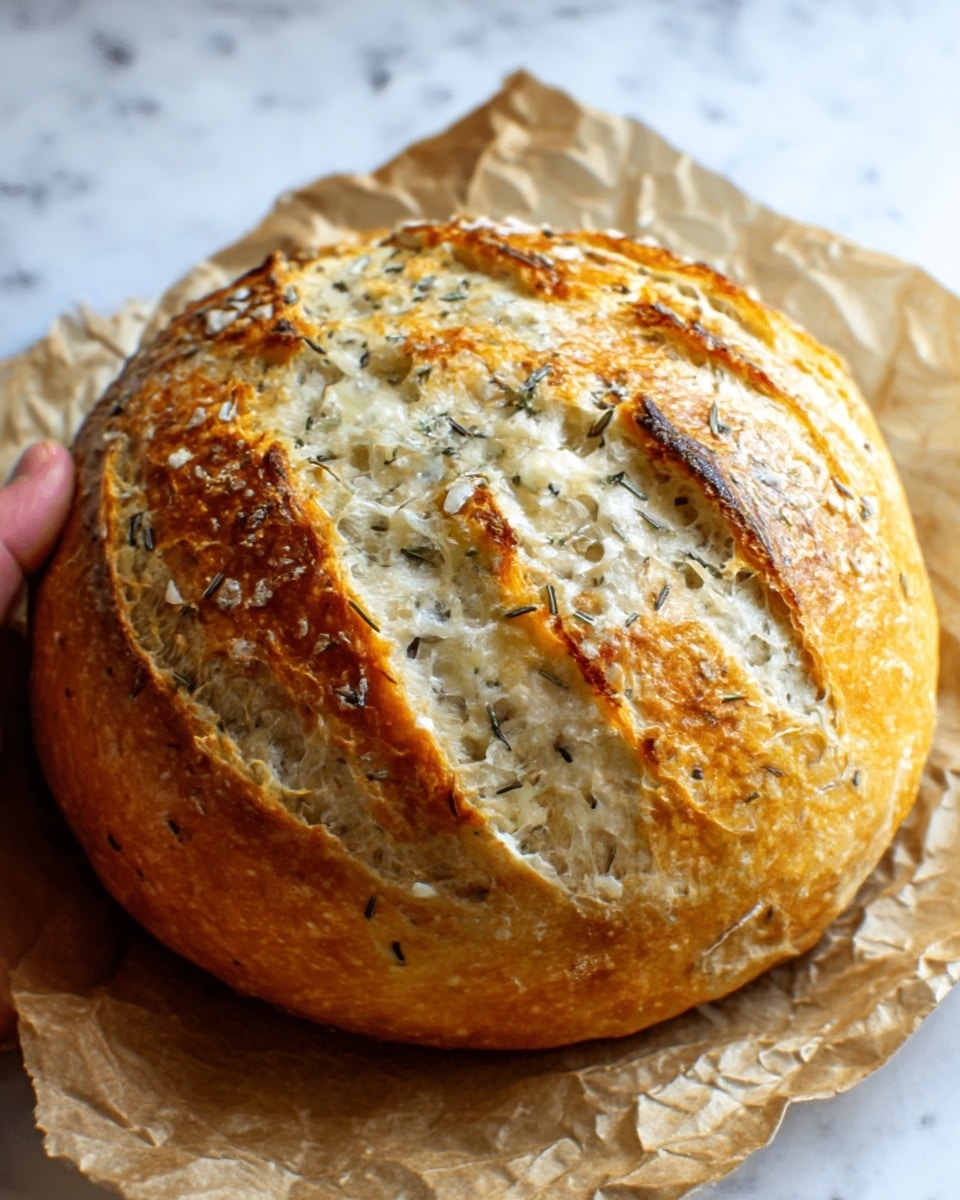 A round loaf of bread with a golden-brown crust sits on crumpled parchment paper. The crust has deep cuts that open up, showing a soft, creamy inside with visible specks of herbs. The bread's surface is lightly shiny with a few darker toasted spots and sprinkled with coarse grains. A woman's hand holds the bread gently from the side, giving a sense of fresh, homemade quality. All is set against a white marbled textured background. Photo taken with an iphone --ar 4:5 --v 7