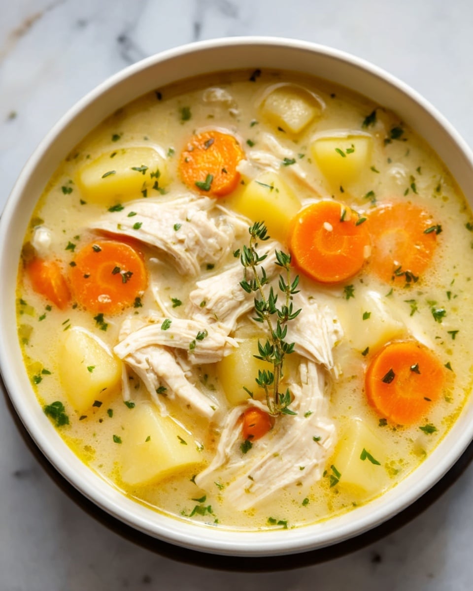 A white bowl filled with creamy chicken soup, showing visible layers of tender white shredded chicken pieces, bright orange carrot slices, and small yellow potato chunks, all floating in a pale yellow broth with small green herb sprinkles on top. The bowl is placed on a white marbled surface with soft natural light highlighting the warm and comforting texture of the soup. A sprig of fresh thyme rests gently in the center, adding a touch of green contrast. Photo taken with an iphone --ar 4:5 --v 7
