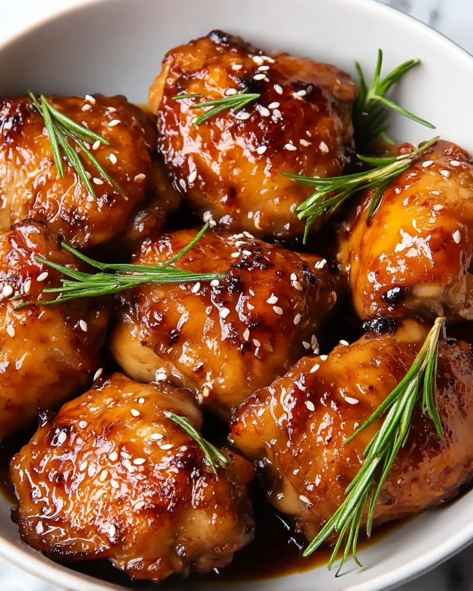 A close-up of six pieces of glazed, golden-brown chicken thighs arranged side by side inside a white bowl, each piece shiny with a sticky sauce and showing slight grill marks and caramelized edges, scattered with small white sesame seeds and thin green rosemary leaves for garnish, all resting against a white marbled surface background. photo taken with an iphone --ar 4:5 --v 7