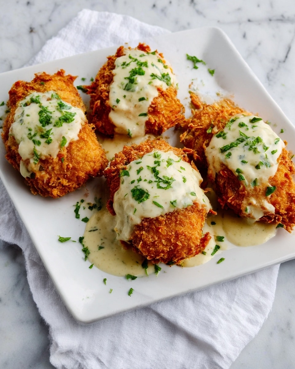 The image shows four pieces of crispy fried chicken with a golden brown crust, placed evenly on a rectangular white plate. Each piece is topped with creamy white gravy that has a smooth texture and is sprinkled with small green herbs for garnish. The plate is set on a white marbled surface with a white cloth napkin nearby, giving a clean and bright look. The dish looks hearty and inviting with a mix of crunchy and creamy textures. photo taken with an iphone --ar 4:5 --v 7