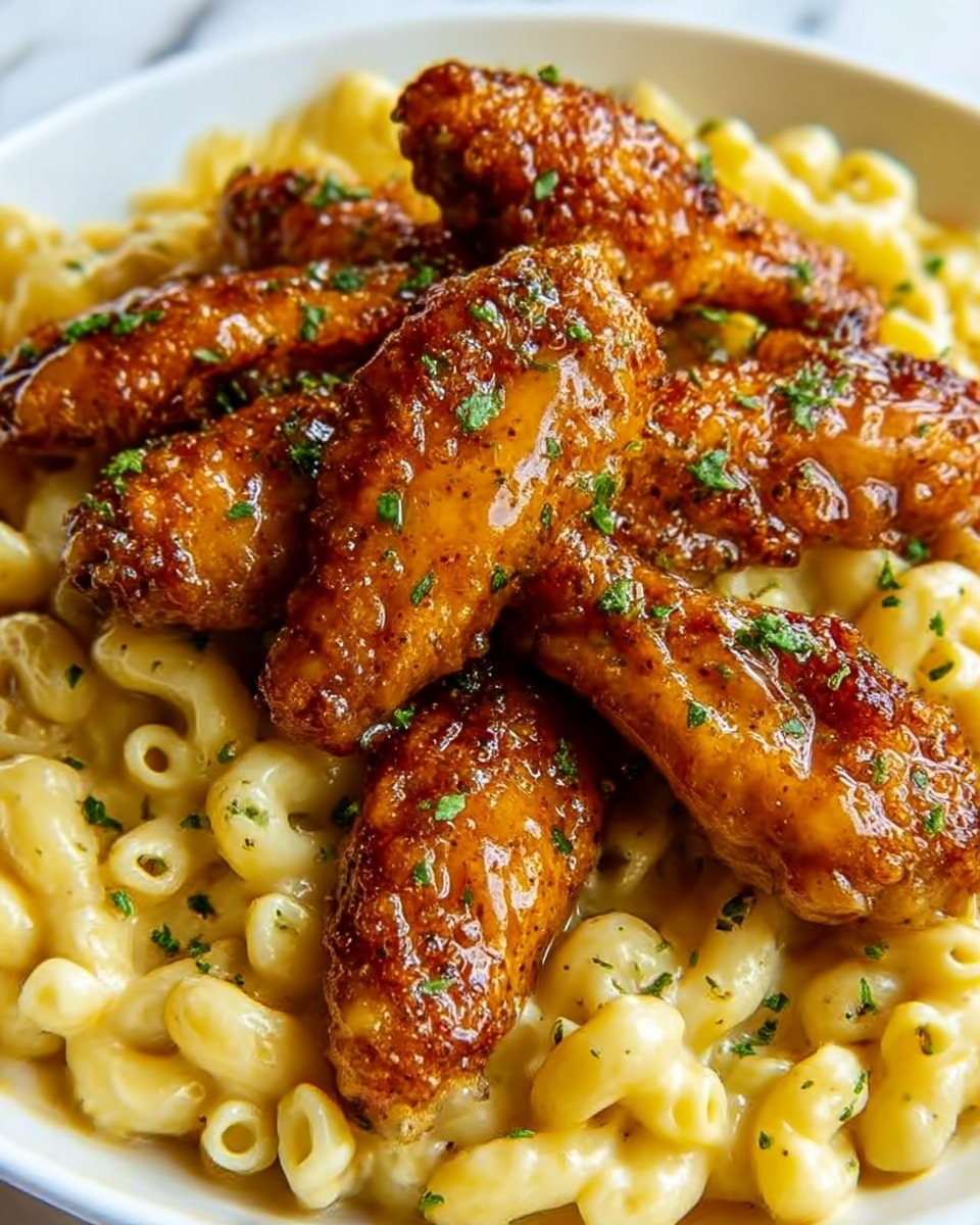 The image shows a white plate filled with creamy yellow macaroni and cheese at the bottom. On top of the macaroni, there are several golden-brown chicken wings covered in a shiny glaze, with small green herb pieces sprinkled over both the chicken and macaroni. The chicken wings look crispy with a textured surface, and the macaroni appears smooth and cheesy, creating a nice contrast in colors and textures. The background is a white marbled surface. Photo taken with an iphone --ar 4:5 --v 7