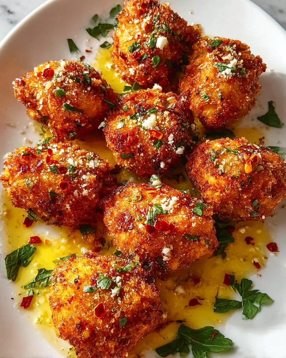 The image shows a white plate filled with eight golden-brown, crispy-looking croquettes arranged closely together. Each croquette has a rough, textured surface coated with a crunchy breaded layer, sprinkled with small bits of white cheese and finely chopped green herbs. There are tiny red chili flakes scattered over the croquettes, adding bright red spots. Around the croquettes, there is a shiny drizzle of golden oil pooling on the white plate. Fresh green herb leaves are placed sparingly beneath and around the croquettes, adding a fresh touch. The whole scene sits on a white marbled surface. photo taken with an iphone --ar 4:5 --v 7