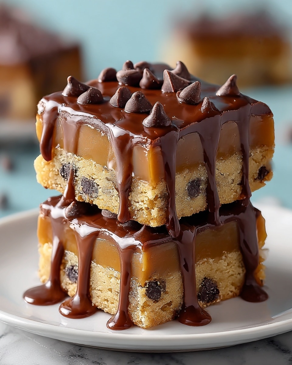 Two thick square bars are stacked, each with three clear layers. The base layer is a light golden cookie dough with visible dark chocolate chips spread evenly throughout. The middle layer is a smooth, thick caramel with a shiny surface. The top layer is glossy dark chocolate chips partially covered with rich, dripping melted chocolate that cascades slightly down the sides. The dessert rests on a white plate on a white marbled surface, with the background softly blurred. photo taken with an iphone --ar 4:5 --v 7